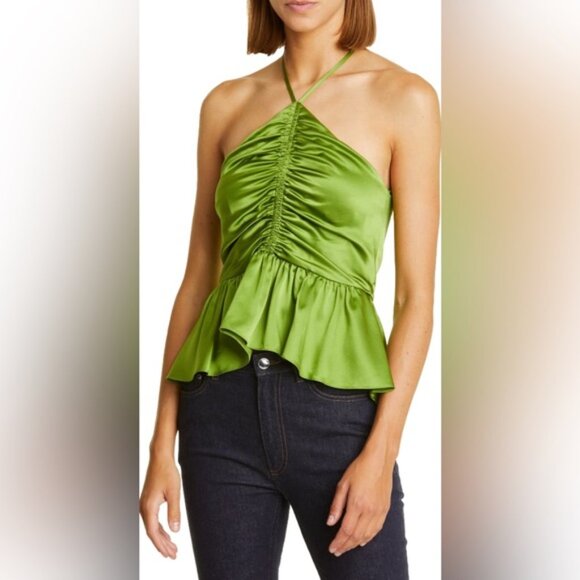 NWT cinq a sept SILK Blend Colby Peplum Stretch Silk Halter Neck Tank Top Kelp M - Picture 1 of 16